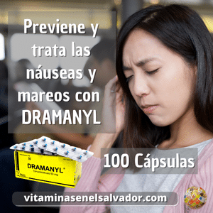 DRAMANYL | 100 Cápsulas de Dimenhidrinato 50mg – Controla Náuseas, Mareos y Vértigo